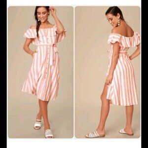 Lulus Orange Striped Off Shoulder Button Down Dress Size S